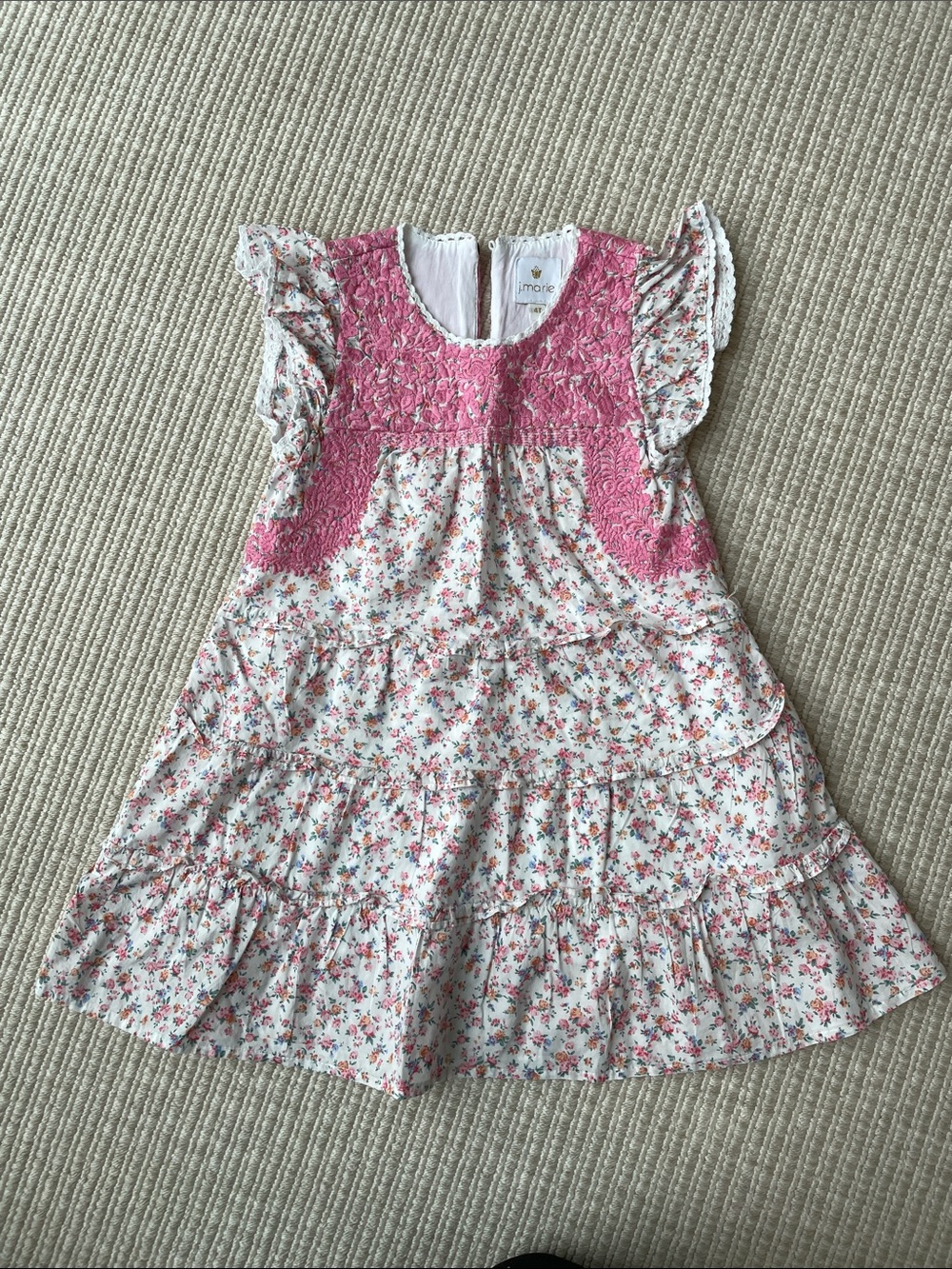 Pink Floral Tiered Girls' Dress with Embroidered Yoke
